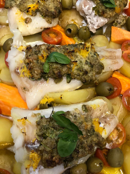 Mediterranean fish with nutty pesto